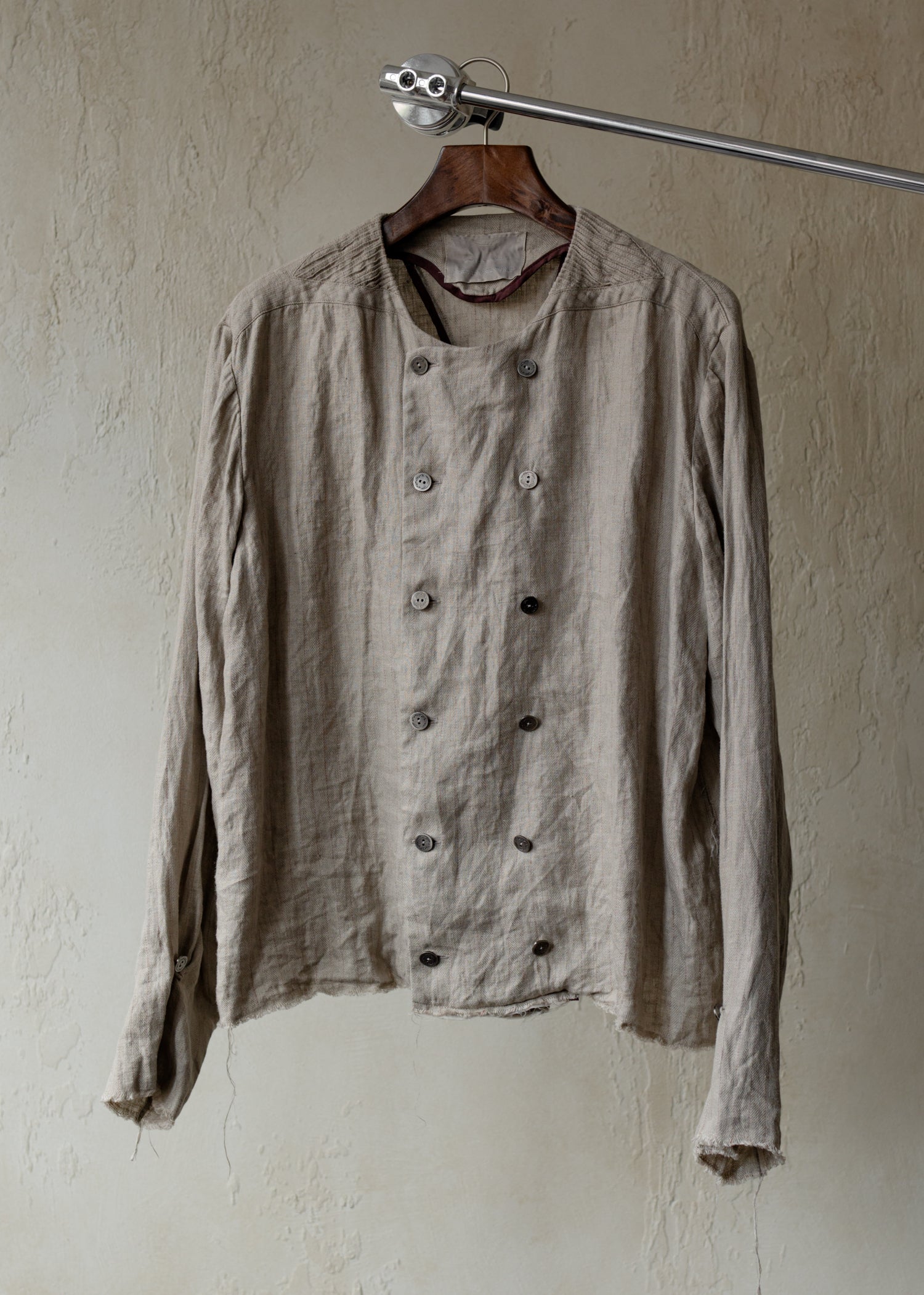 Forgotten Materials｜Double-breasted Collarless Shirt (Natural Dyed Grey)