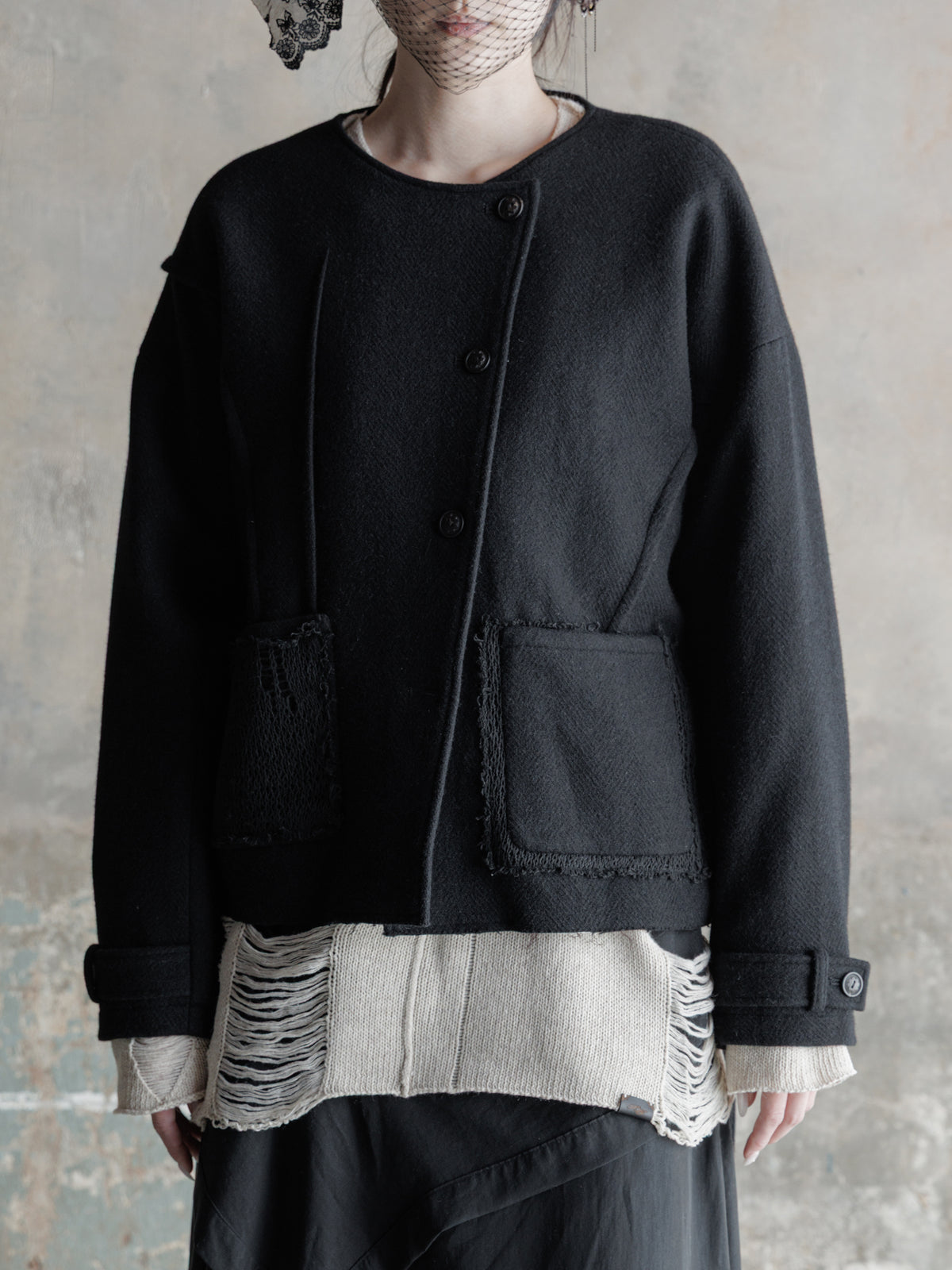 26FW WMS｜Cropped Wool Knit-Panel JKT