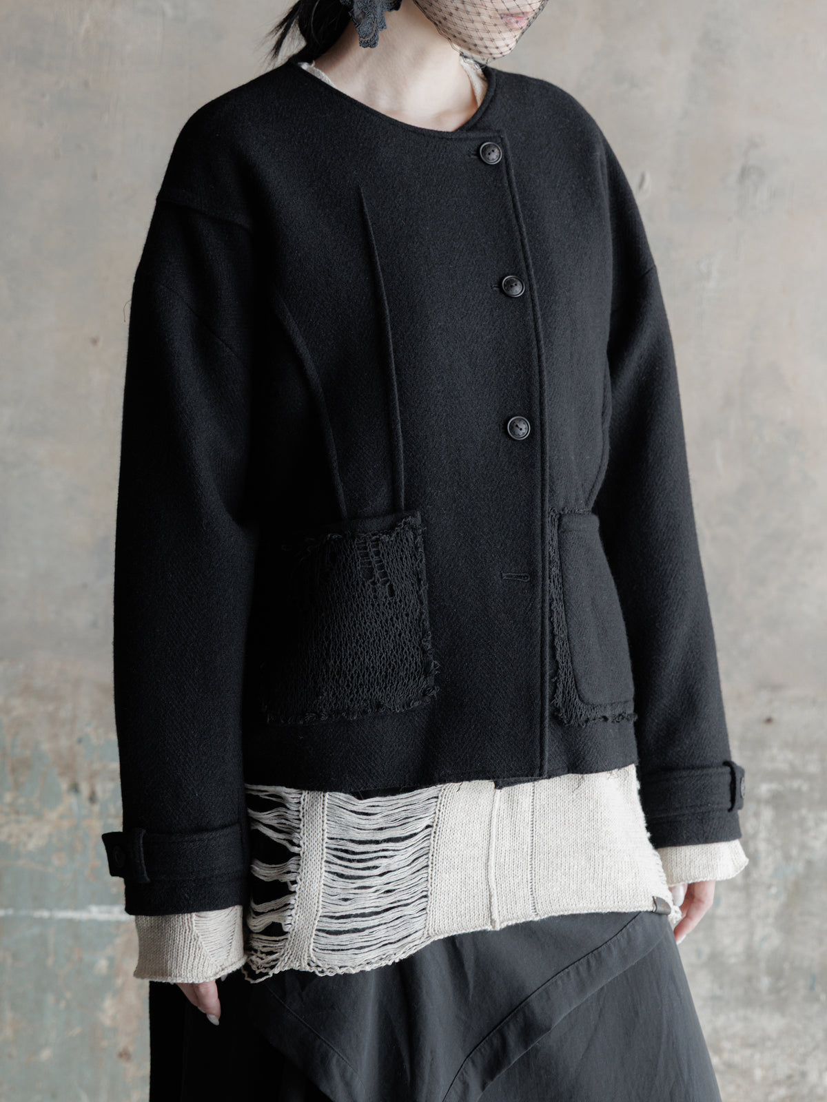 26FW WMS｜Cropped Wool Knit-Panel JKT