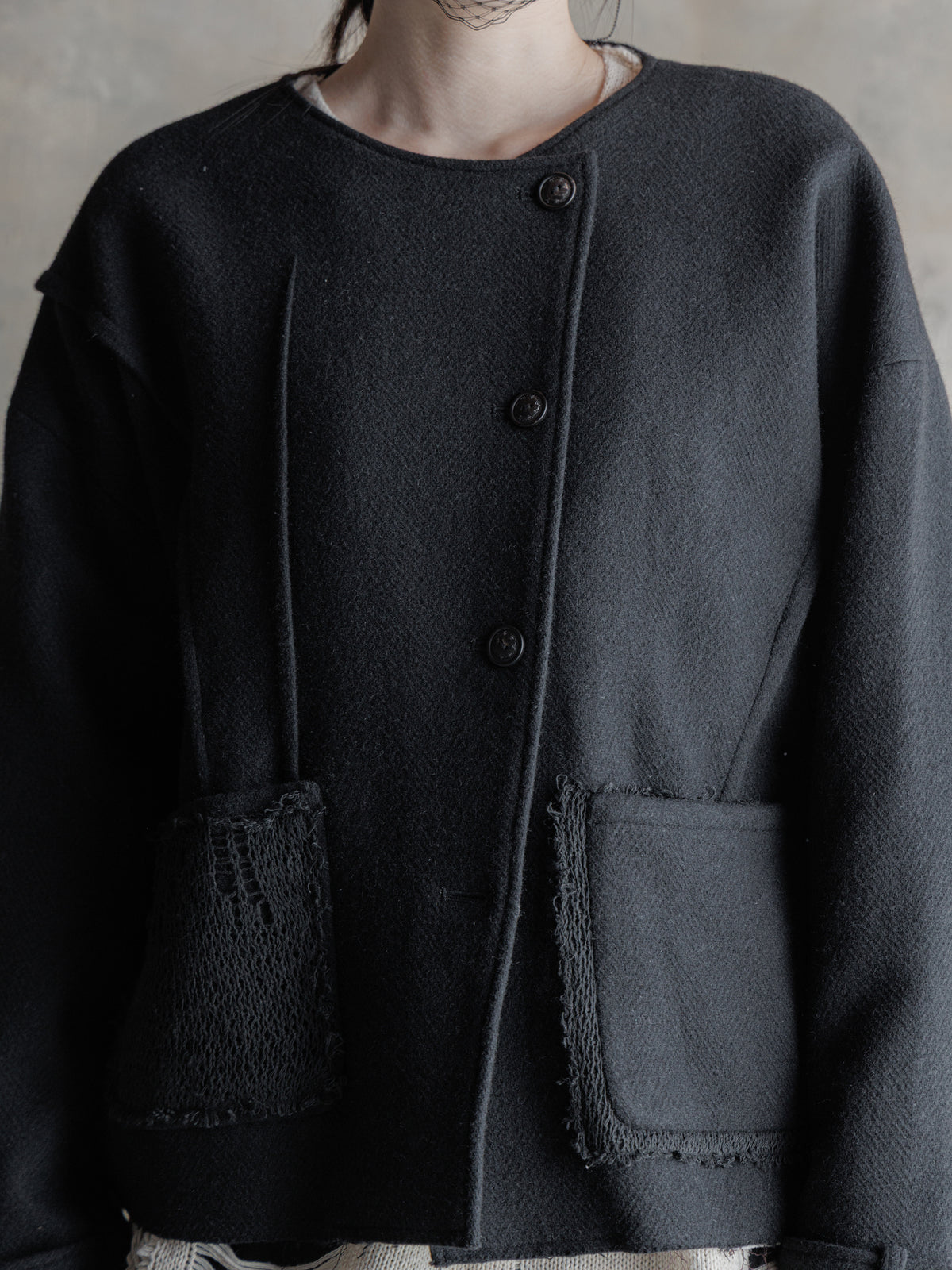26FW WMS｜Cropped Wool Knit-Panel JKT