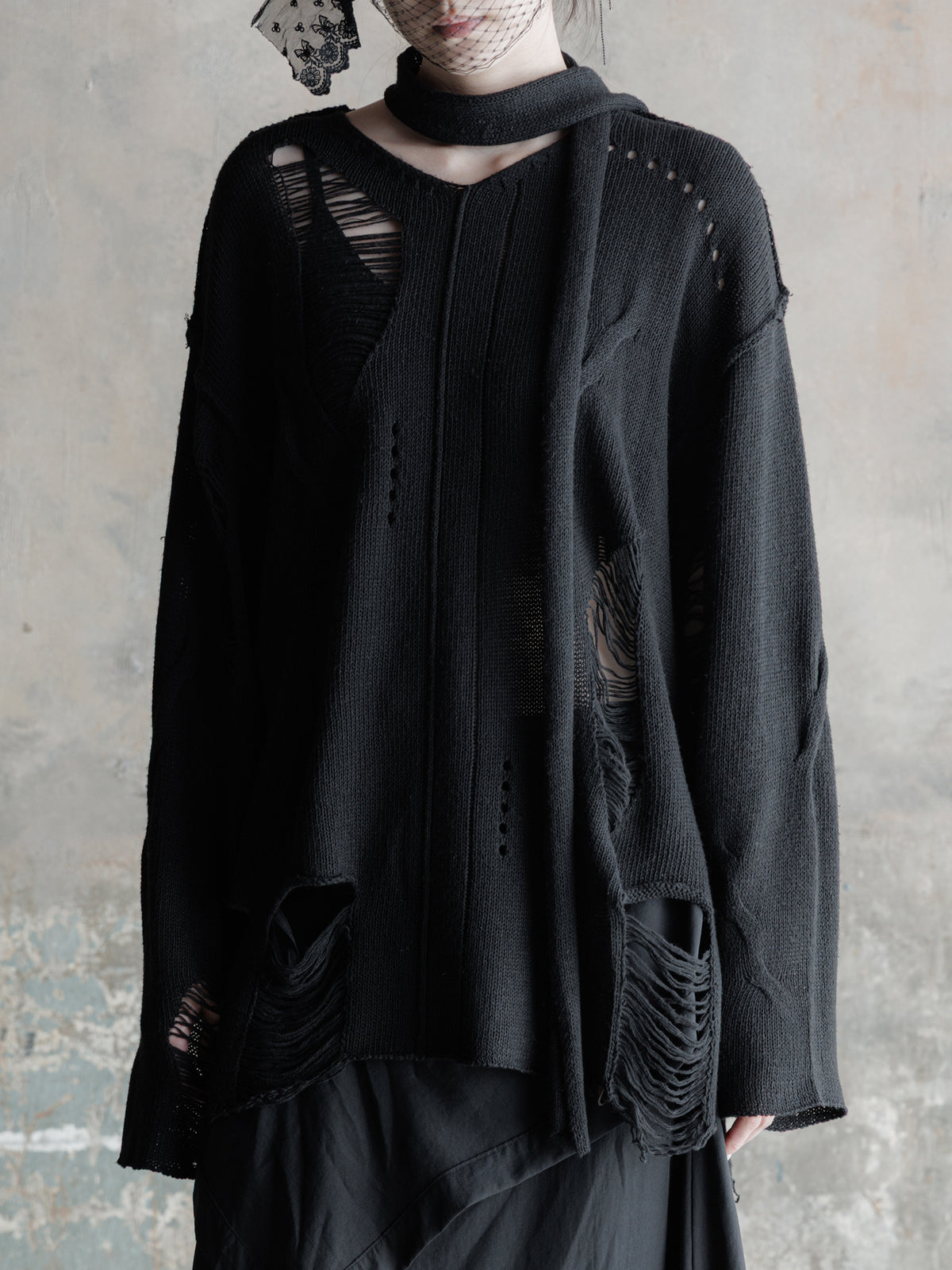 26FW WMS｜Integrated Scarf Poncho Knit (Black)